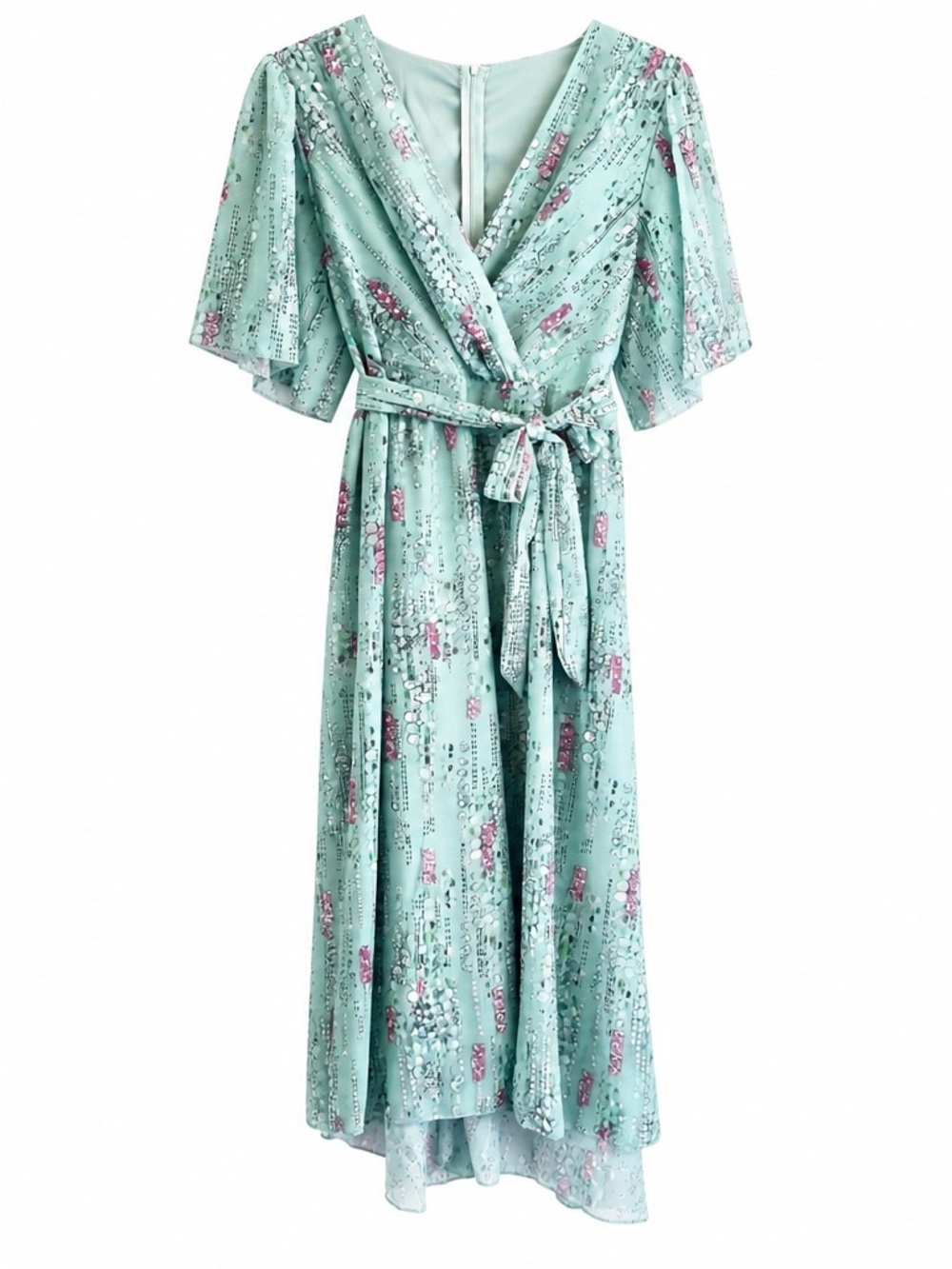 Mint Floral Chiffon Faux Wrap Midi Dress with V-Neck
